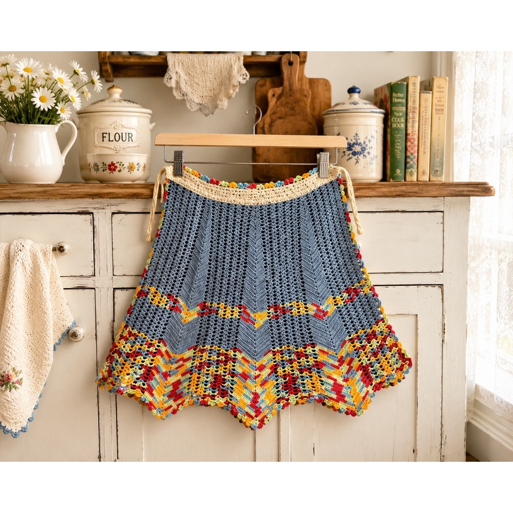 Vintage Handmade Crochet Half Apron Blue Chevron Ripple Scalloped Retro Boho‎
